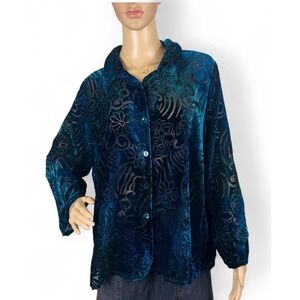 Beverly Drive Top Womens 18W Turquoise Velvet Burnout Floral Artsy Art to‎ Wear